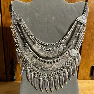 Fashion Jewelry Layered Silver Tone Statement Necklace